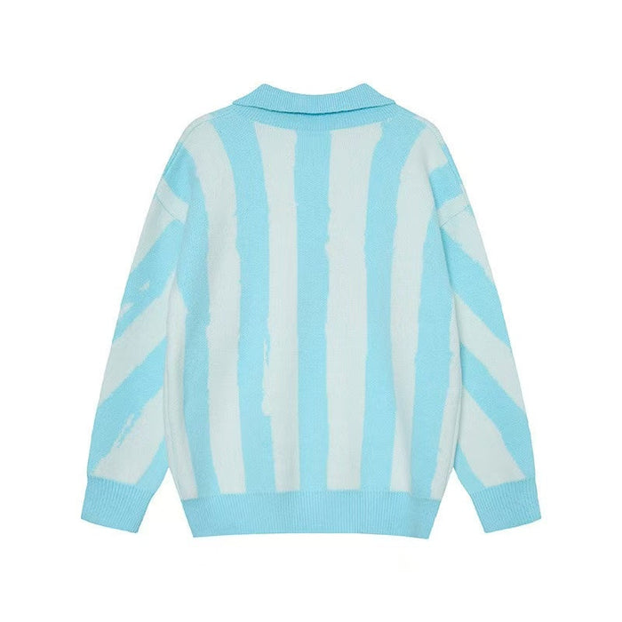 Light blue and white striped knit polo sweater shown from the back