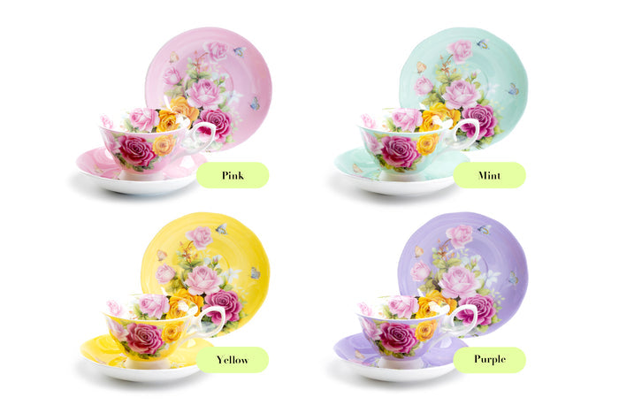 Rose Bouquet Yellow Bone China Tea Cup and Saucer