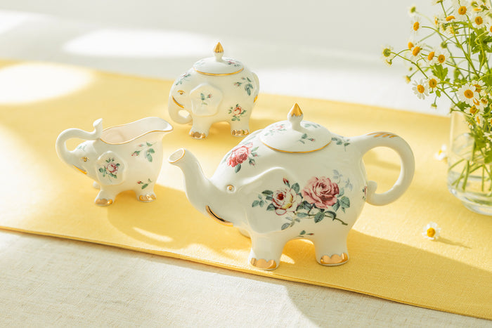 Grace Teaware Floral Rose Elephant Fine Porcelain 3-Piece Tea Set Teapot Sugar Bowl Creamer