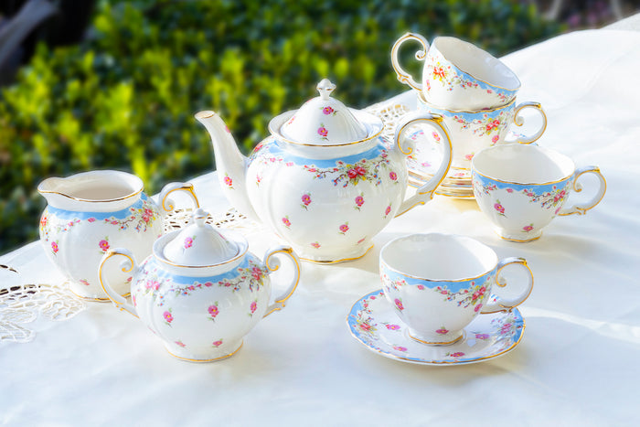 rose rosebud floral tea set blue gold Accent teapot sugar creamer cup saucer