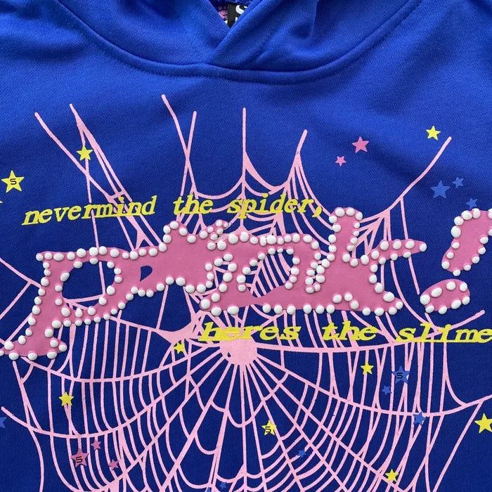 Royal Blue Sp5der P!nk Nevermind the Spark Hoodie 440GSM – Pink Spider Web Pullover