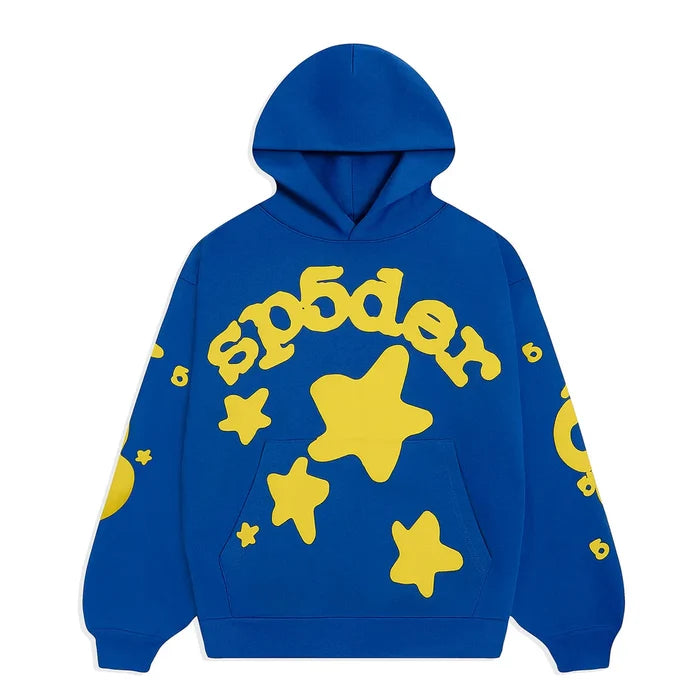 The Sp5der 440GSM Heavyweight Hoodie in royal blue features bold yellow star 3D puff prints and lettering, crafted from heavyweight cotton fleece with extra star and circular sleeve designs—a striking Y2K streetwear piece.