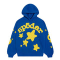 The Sp5der 440GSM Heavyweight Hoodie in royal blue features bold yellow star 3D puff prints and lettering, crafted from heavyweight cotton fleece with extra star and circular sleeve designs—a striking Y2K streetwear piece.