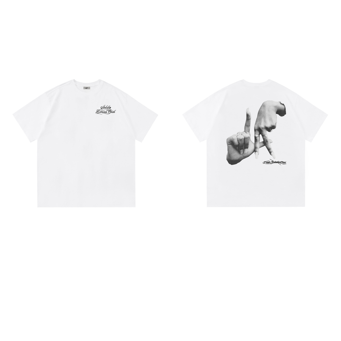 White oversized tee with small chest logo and back graphic of two hands making gestures