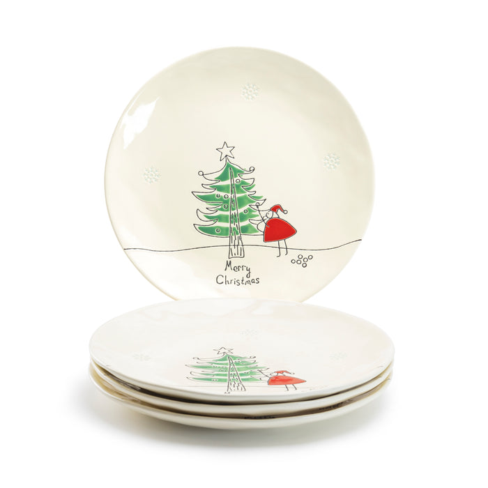 Potter's Studio 10.5" Organic Texture Santa Christmas Tree Dinner Plate Set of 4