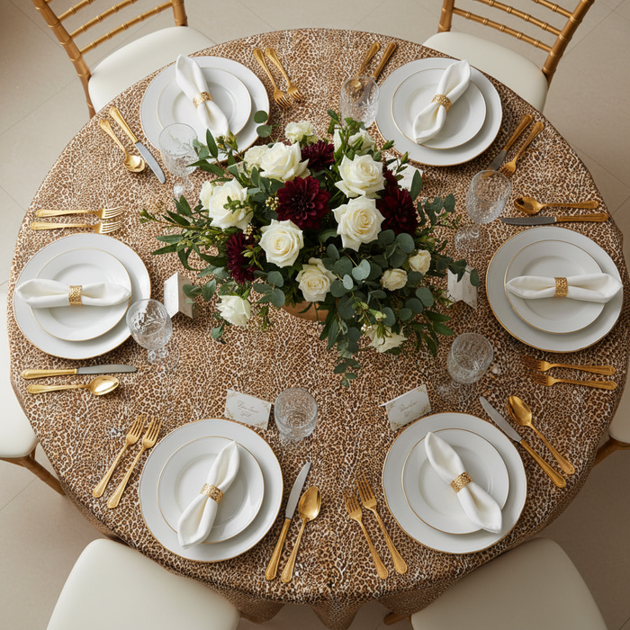 Satin 120" Round Tablecloth - Leopard Design in Bird's Eye View Point.