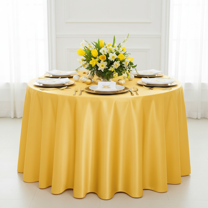 Satin 132" Round Tablecloth - Canary Yellow (Bright Yellow) with gold charger plate | white dinner plate | flower centerpiece