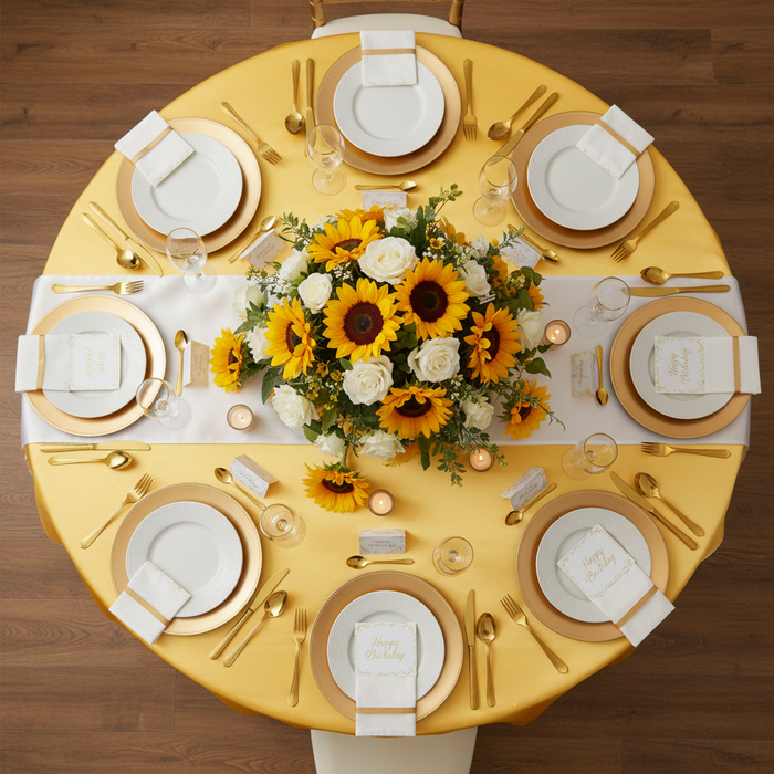 Satin 132" Round Tablecloth - Canary Yellow (Bright Yellow) with gold charger plate | white dinner plate | flower centerpiece | white napkin
