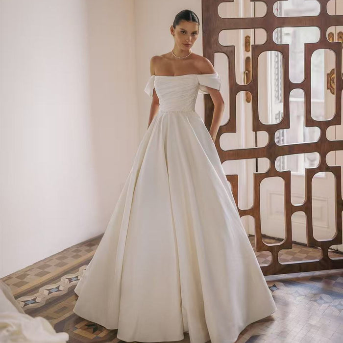 Satin Off-the-Shoulder Wedding Dress - Elegant A-Line Gown with Full Skirt for Bride Ceremony Reception