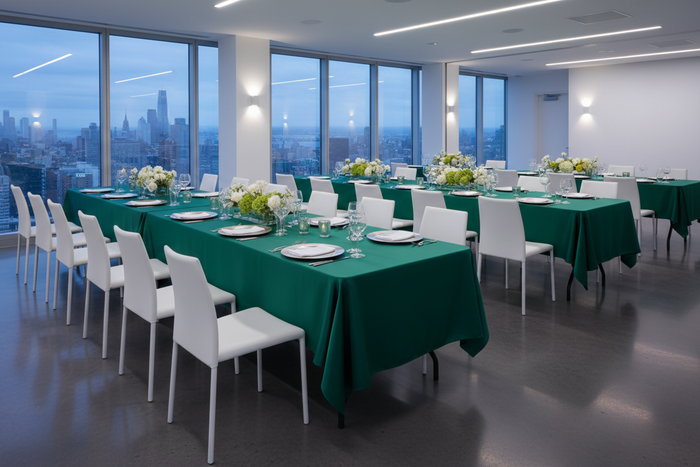 Satin Rectangular 60"x120" Tablecloth - Emerald Green corporate dinner with white square banquet chair