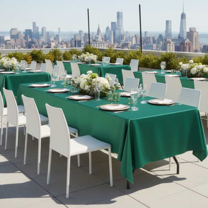 Satin Rectangular 60"x120" Tablecloth - Emerald Green rooftop  corporate dinner with silver charger plate and white napkin