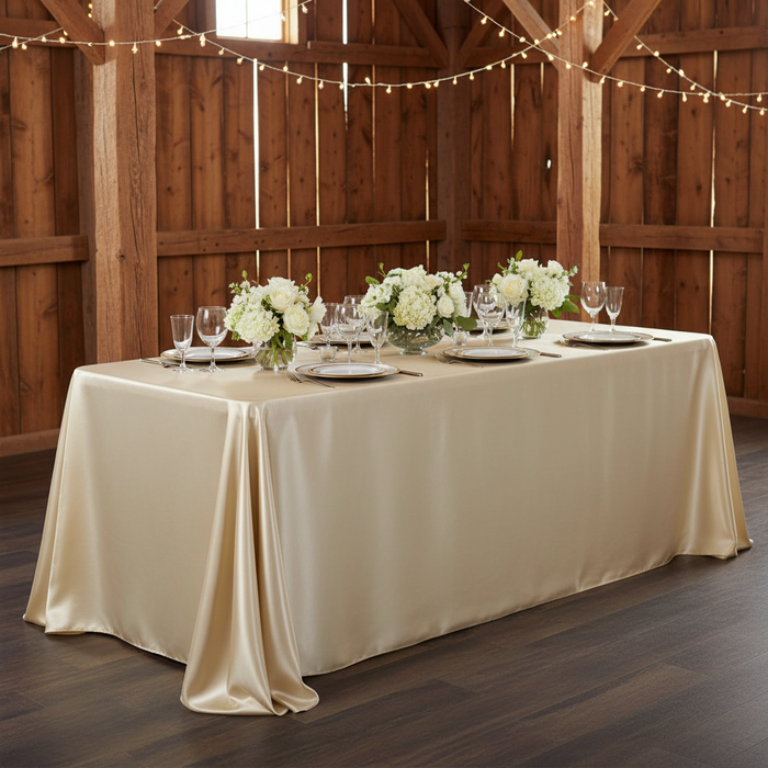Satin Rectangular 90"x132" Tablecloth - Champagne in Barn Reception.