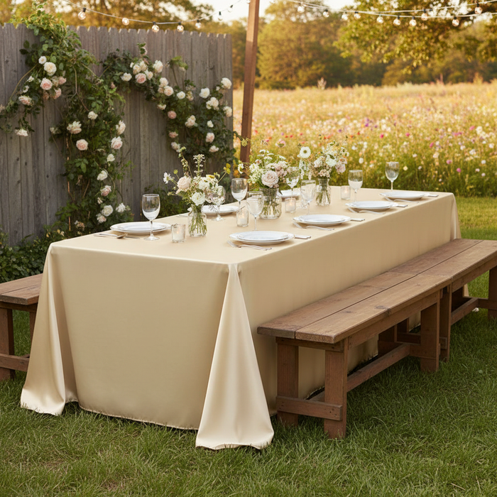 Satin Rectangular 90"x132" Tablecloth - Champagne in Barn Outdoor Reception.