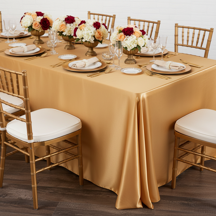 Satin Rectangular 90"x132" Tablecloth - Gold Antique with gold charger plate | white dinner plate | gold chiavari chair