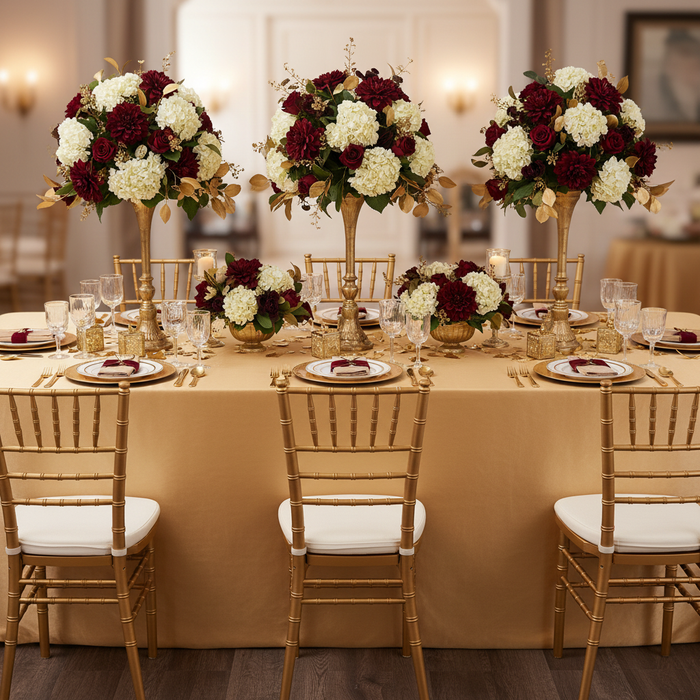 Satin Rectangular 90"x132" Tablecloth - Gold Antique with gold charger plate | white dinner plate | gold chiavari chair