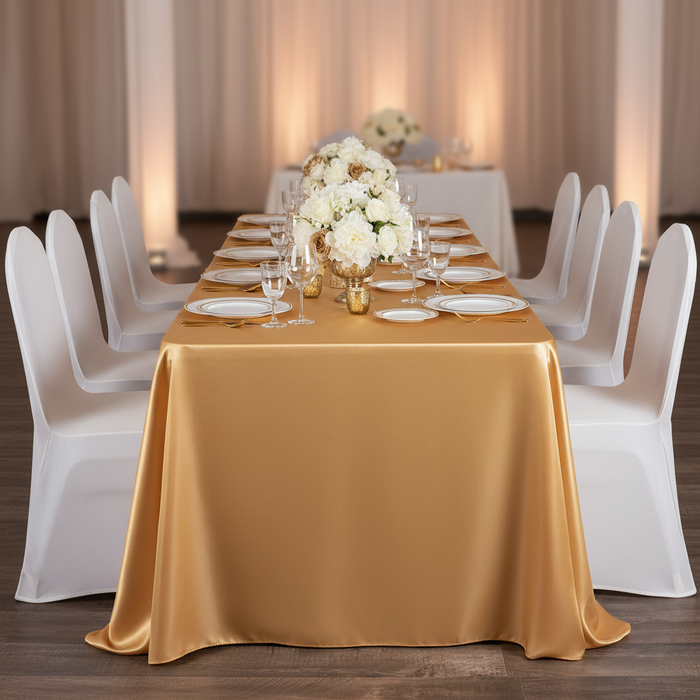 Satin Rectangular 90"x132" Tablecloth - Gold Antique with white dinner plate | glass goblets