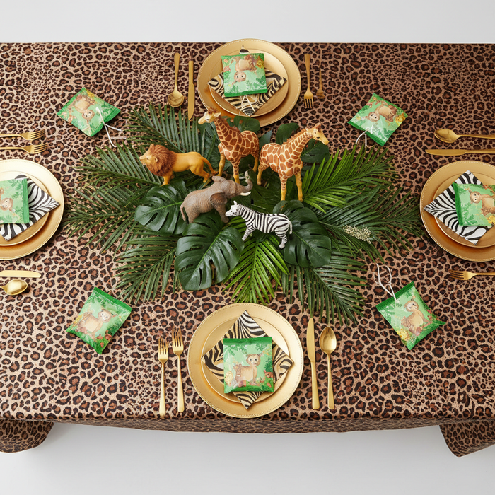 Satin Rectangular 90"x132" Tablecloth - Leopard Design with gold charger and dinner plate