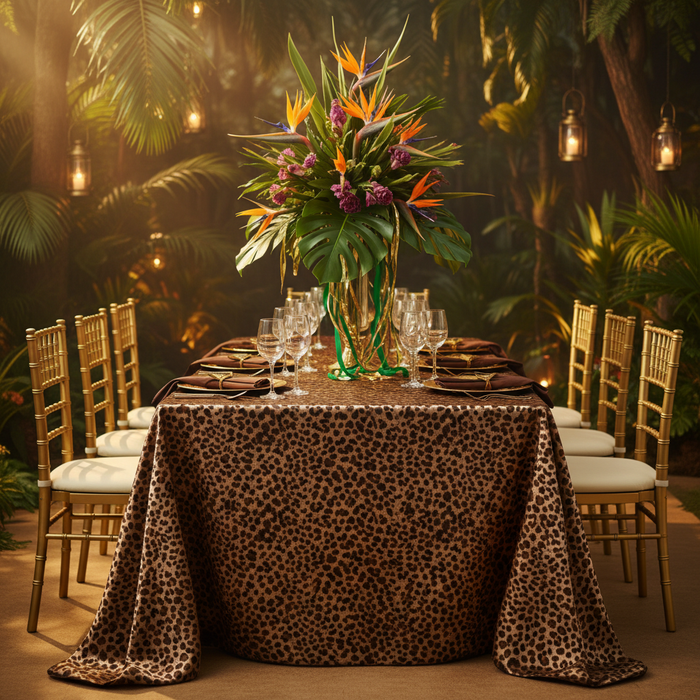 Satin Rectangular 90"x132" Tablecloth - Leopard Design with gold charger plate | chocolate brown npkin | wine goblets | gold chiavari chairs