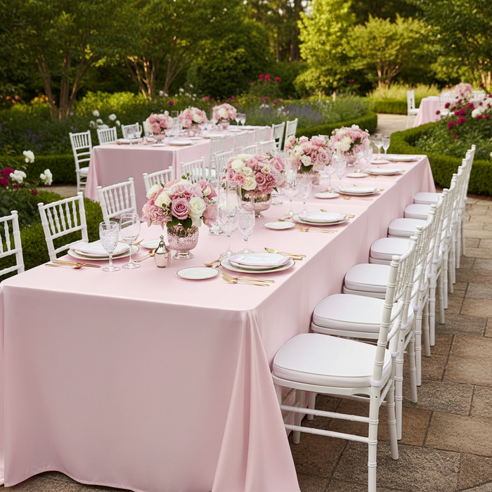 Satin Rectangular 90"x132" Tablecloth - Pastel Pink for outdoor baby shower reception with white dinner and charger plate on top | floral centerpieces