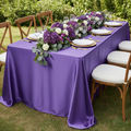 Satin-Rectangular-90x132-Tablecloth-Purple for outdoor garden party table with gold charger plate | white napkin