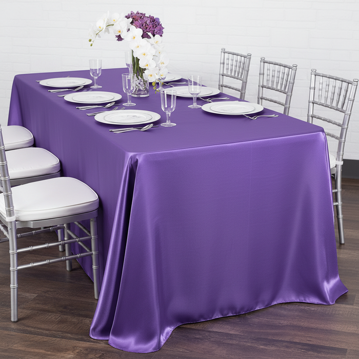 Satin-Rectangular-90x132-Tablecloth-Purple with white charger plate | silver chiavari chair