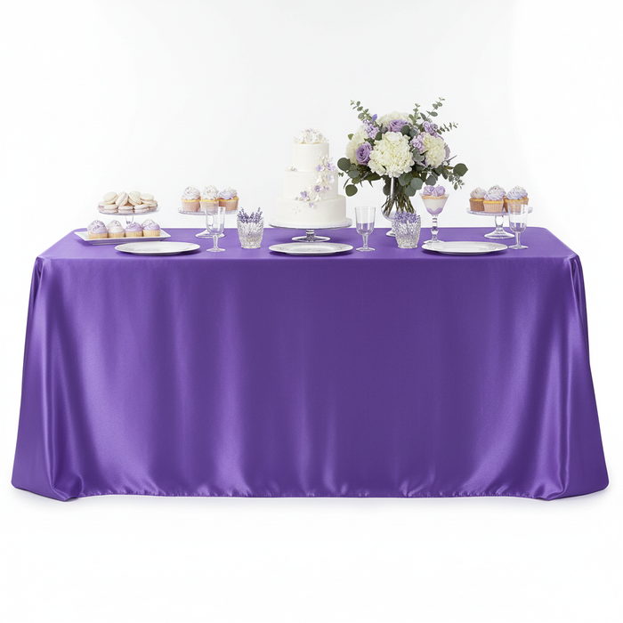 Satin-Rectangular-90x132-Tablecloth-Purple with silver charger plate |