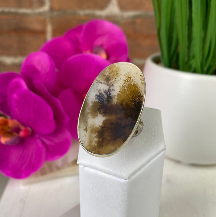 Scenic Agate Ring 1" with sterling silver Adjustable and Sized Bands