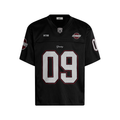 Black mesh football jersey with oversized 09 graphic, red trim, and short sleeves in streetwear style