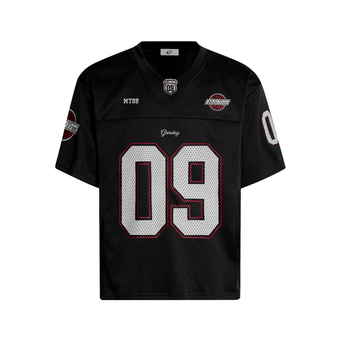 Black mesh football jersey with oversized 09 graphic, red trim, and short sleeves in streetwear style