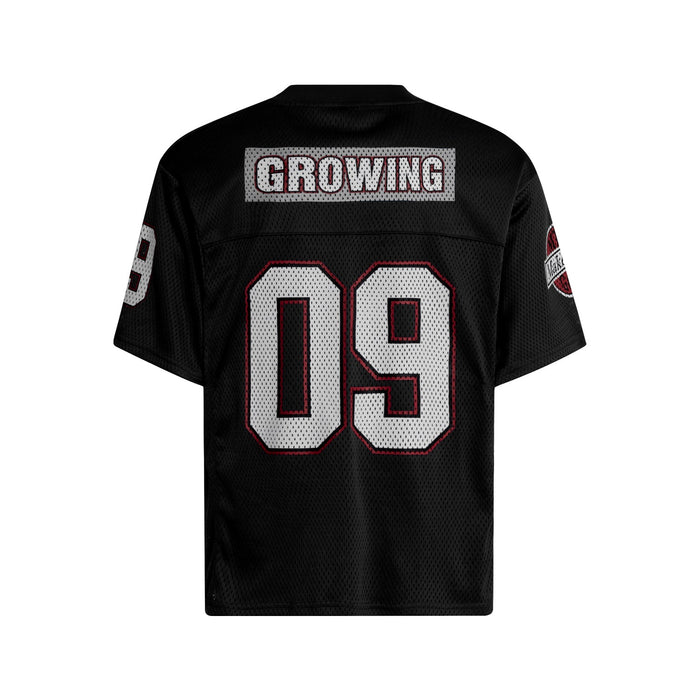 Black mesh football jersey with 09 graphic and Growing text on the back, short sleeves for streetwear style