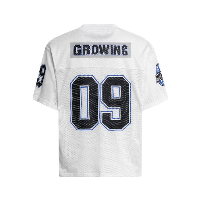 White mesh football jersey with black and blue number 09 and GROWING graphic on the back
