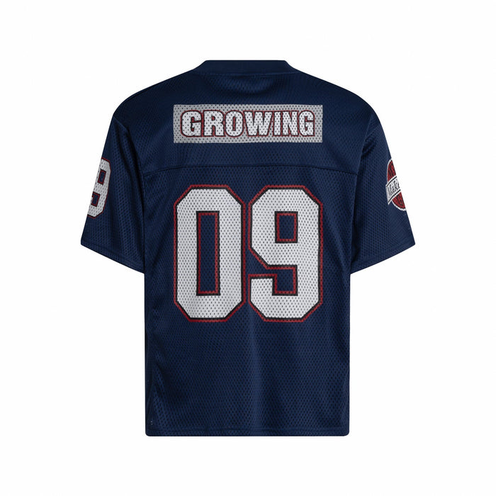 Navy short-sleeve mesh football jersey with oversized 09 graphic and Growing print on the back