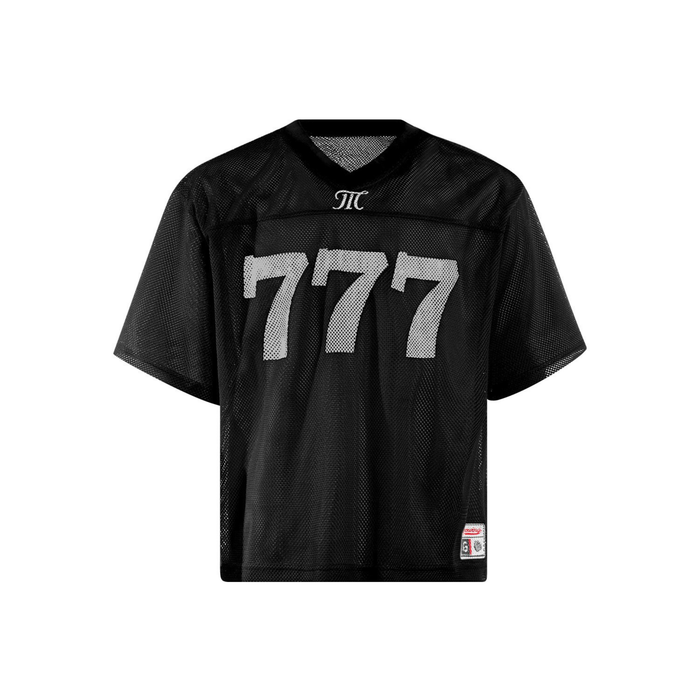 Black mesh football jersey with large white 777 print and V-neck streetwear sports style