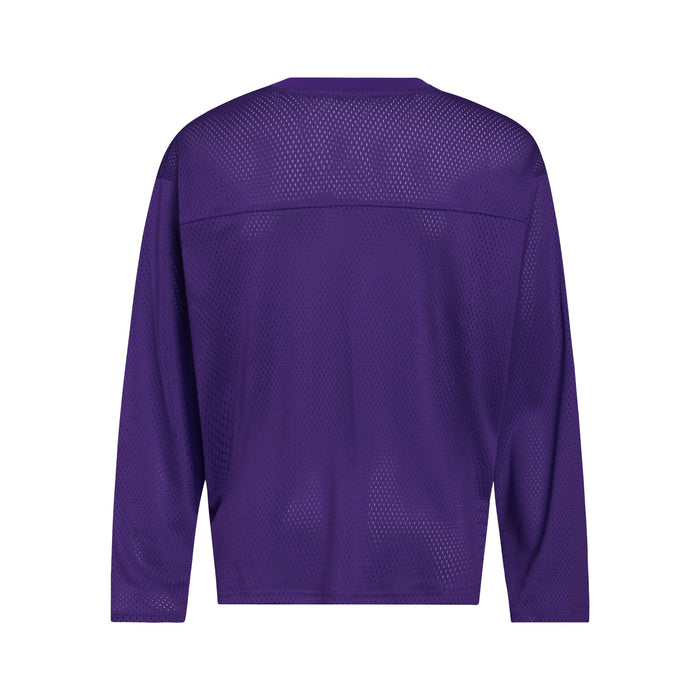 Purple mesh jersey back view with long sleeves and perforated fabric texture