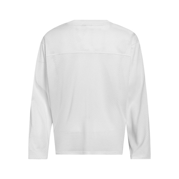 White mesh jersey back view with long sleeves and perforated fabric texture