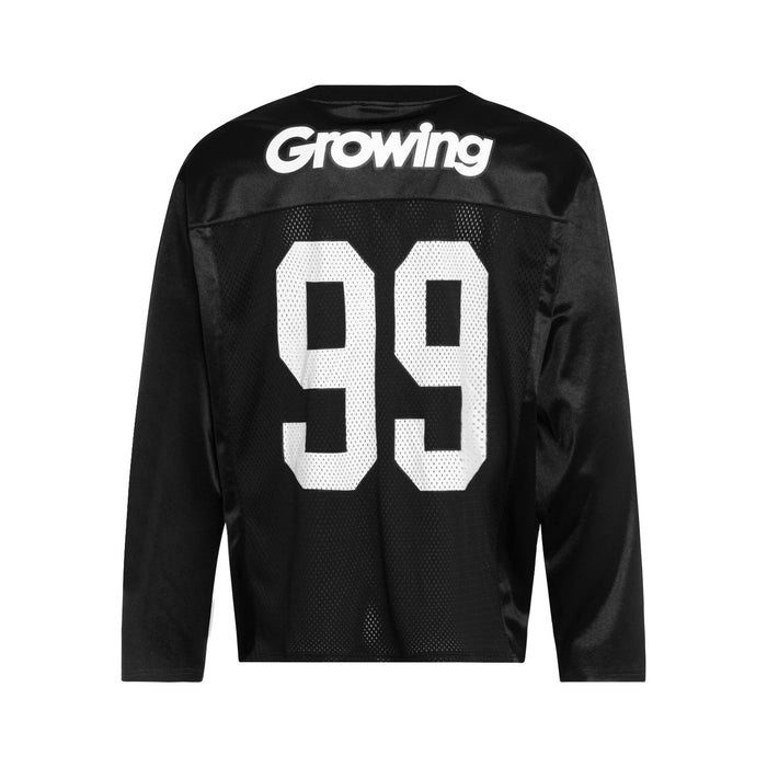 Back of black long-sleeve mesh jersey with large Growing logo and white 99