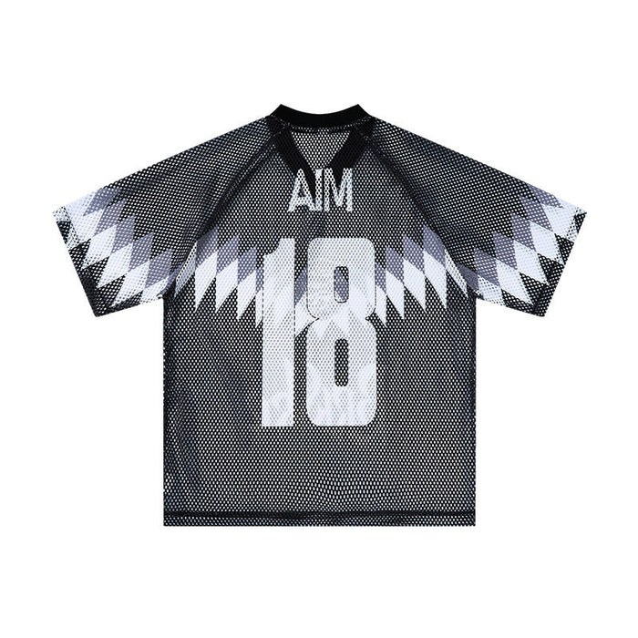 Black mesh soccer jersey with AIM 18 graphic and zigzag white sleeve accents
