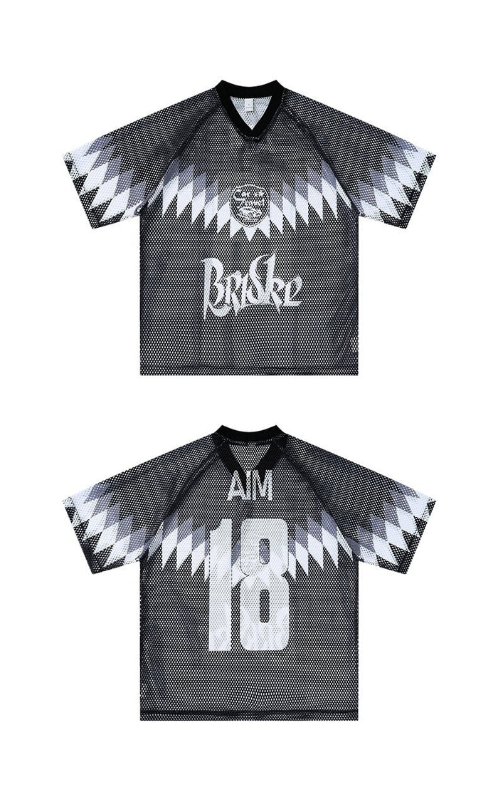Black mesh jersey T-shirt with zigzag white sleeve graphics and AIM 18 print, shown front and back