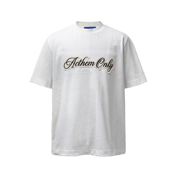 White short-sleeve streetwear T-shirt with raised Anthem Only script graphic on the chest