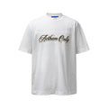 White short-sleeve streetwear T-shirt with raised Anthem Only script graphic on the chest