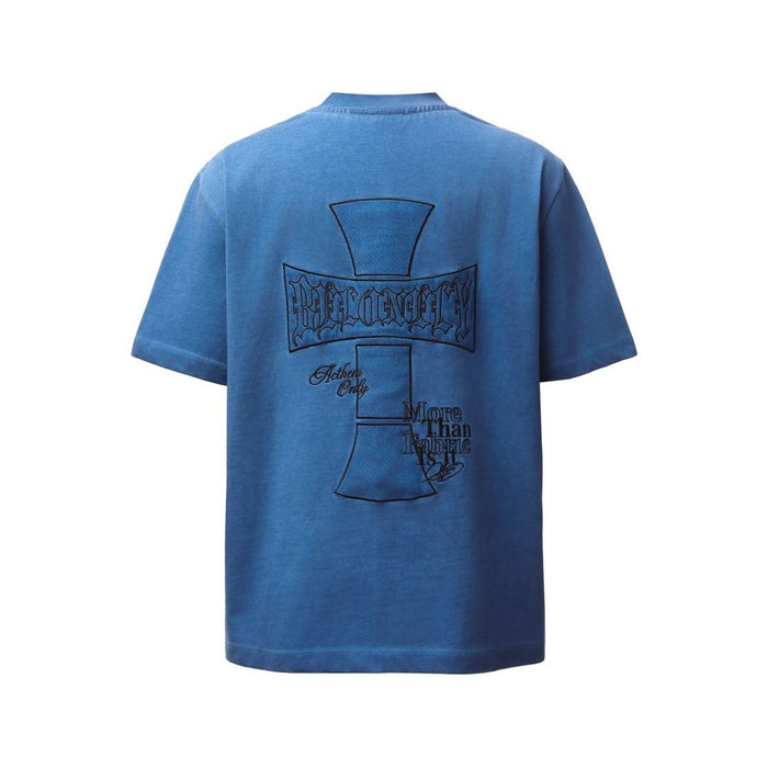 Blue streetwear T-shirt with oversized back cross graphic and gothic typography print