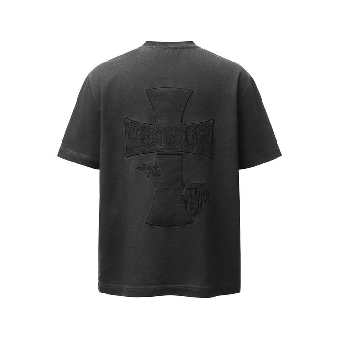 Black streetwear T-shirt with a large embossed cross graphic and subtle back text print on the upper back