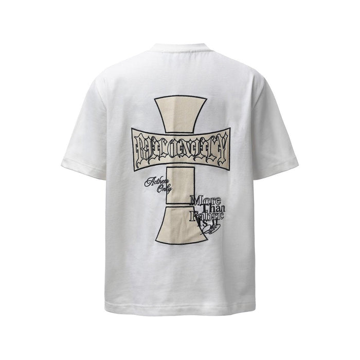 White streetwear tee with a large cross graphic and gothic text print on the back