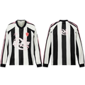 Front and back view of a black and white vertical striped long-sleeve mesh football jersey tee with pink sleeve accents