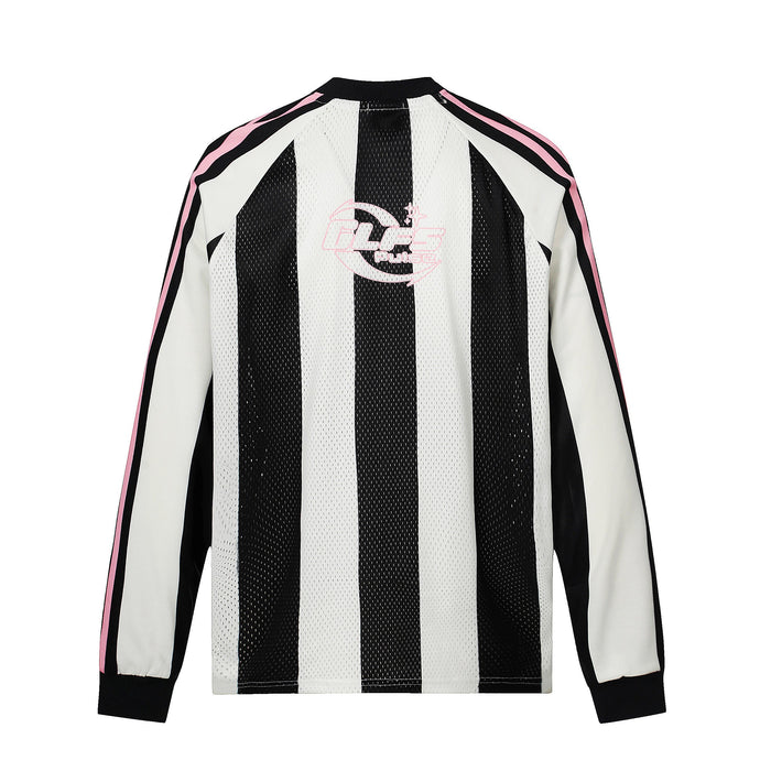 Back of black and white striped long-sleeve football jersey tee with pink shoulder stripes and back logo