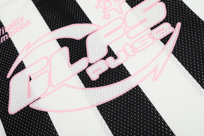 Close-up of pink GLFS Pulse print on black and white striped jersey front