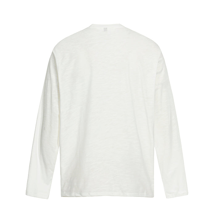Back view of white long sleeve tee with plain solid back