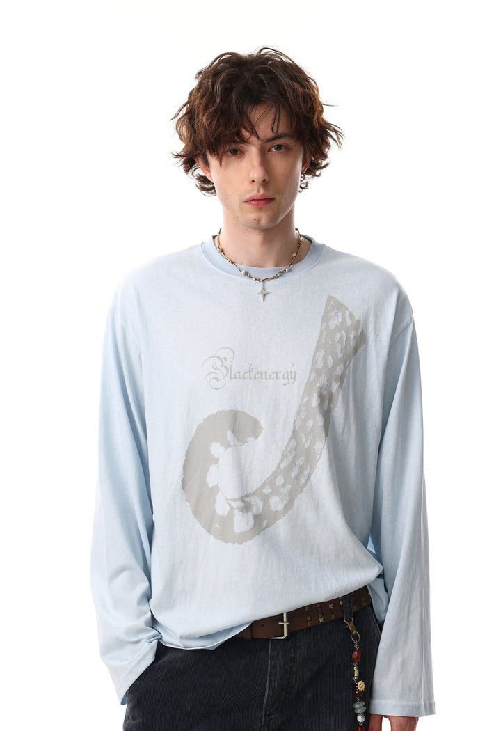 Light blue long sleeve tee worn with front graphic and necklace