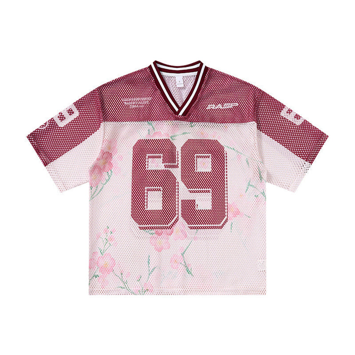 Omirad Blossom 69 burgundy and white floral mesh jersey t-shirt with number 69 graphic, front view