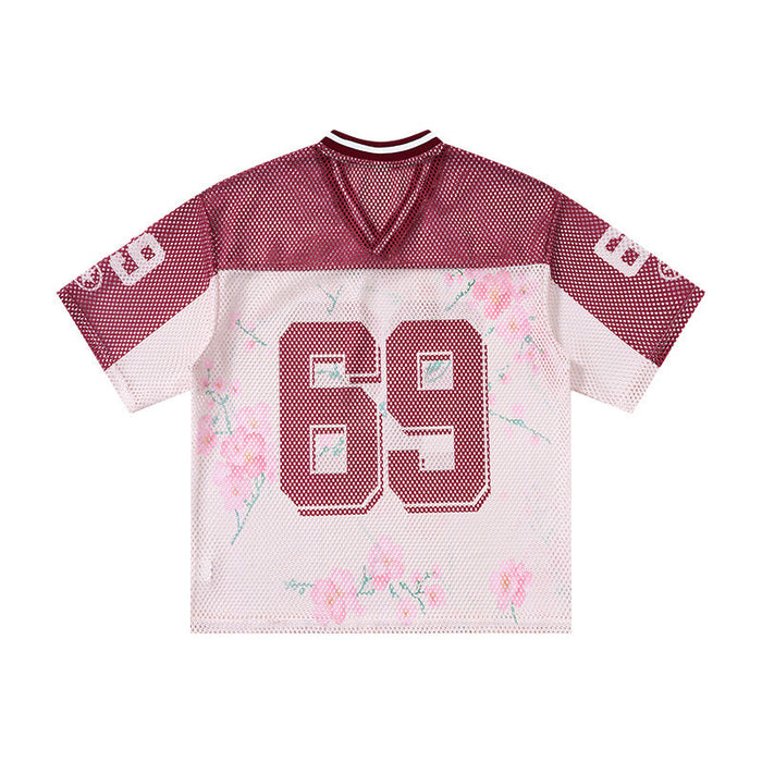 Maroon and white mesh jersey T-shirt with floral print, bold 69 graphic, and striped V-neck streetwear style